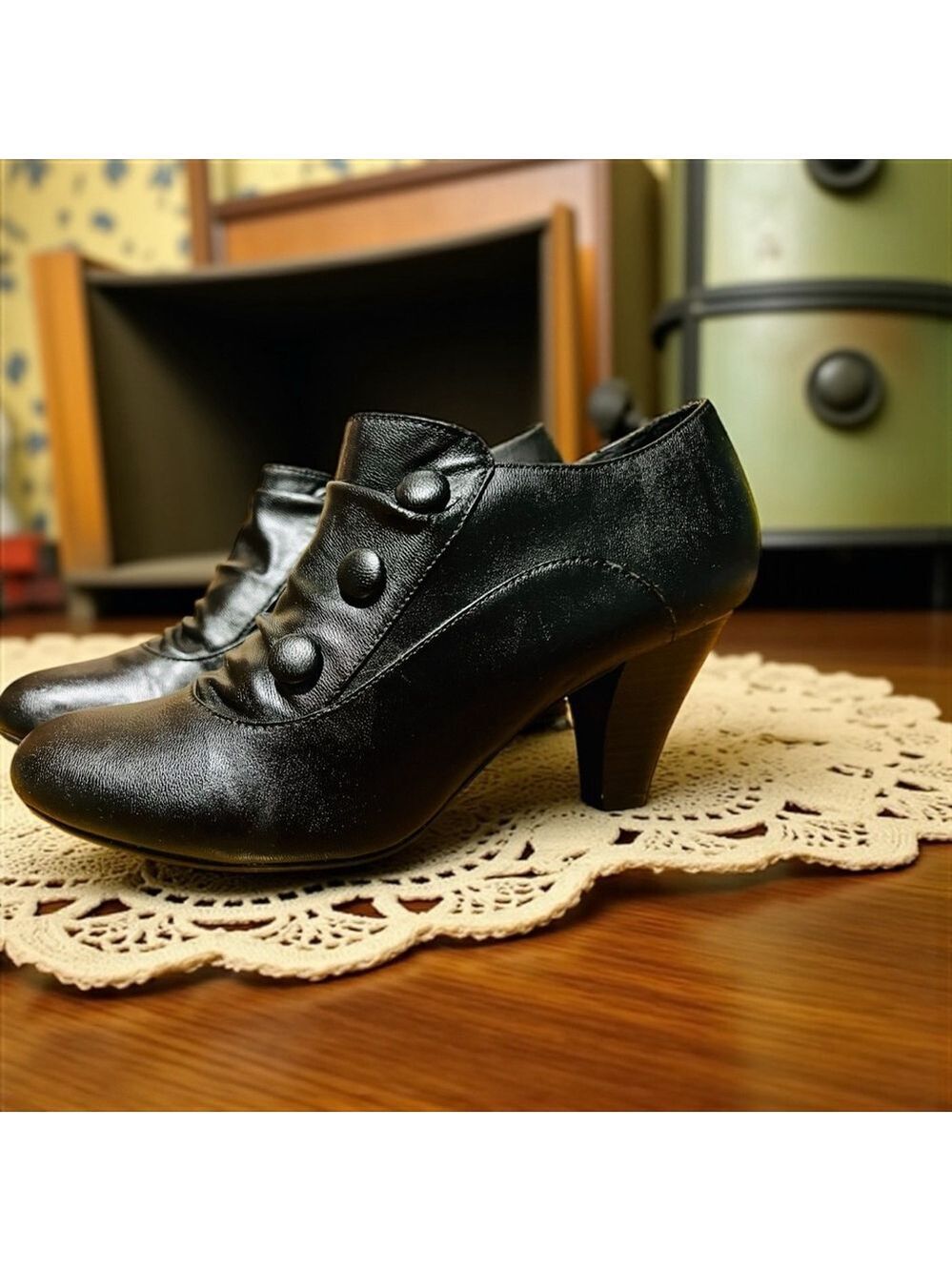 Covington Black Leather Button Ankle Booties Size 10M